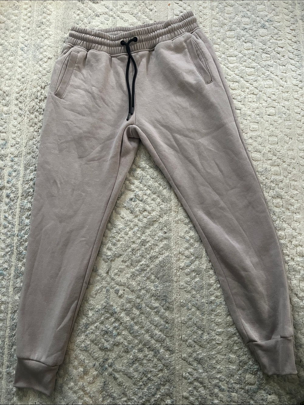 Amazon Men's Jogger Sweatpants in Light Taupe with Black Drawstring